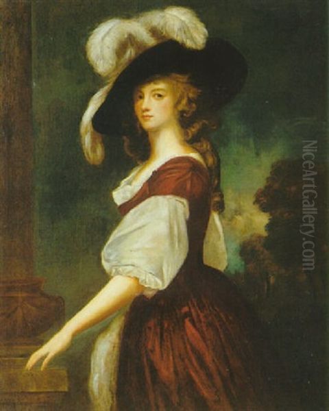 Portrait Of Lady Milnes, Three Quarter Length, Standing In A Landscape, Wearing A Purple Dress Oil Painting by George Romney