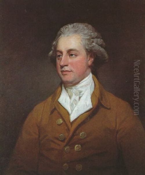 Portrait Of George William Prescott In A Brown Jacket With A White Stock by George Romney