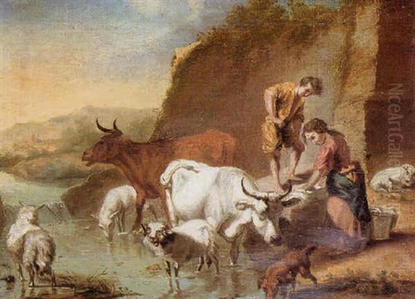 Cattle And Sheep Watering With Figures Nearby Oil Painting by George Romney