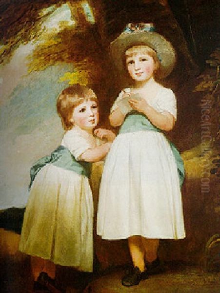 Portrait Of Two Children In A Landscape Oil Painting by George Romney