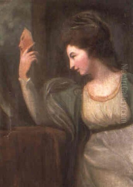 Portrait Of A Lady In A Theatrical Pose Holding A Mask Oil Painting by George Romney