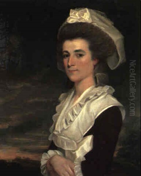 A Portrait Of Mrs. Duncan...in A Landscape, Wearing A Dark Red Dress Oil Painting by George Romney