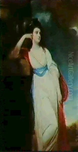 Portrait Of Isabella, Countessof Glencairn, Three-quarter   Length, Wearing A White Dress,leaning On A Column Oil Painting by George Romney