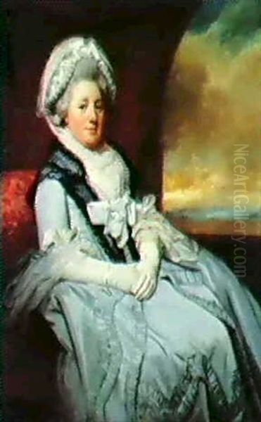 Portrait Of Mrs. Dorothy Uppleby, Seated Three-quarter      Length, Wearing A White Dress And Bonnet With A Black Shawl Oil Painting by George Romney