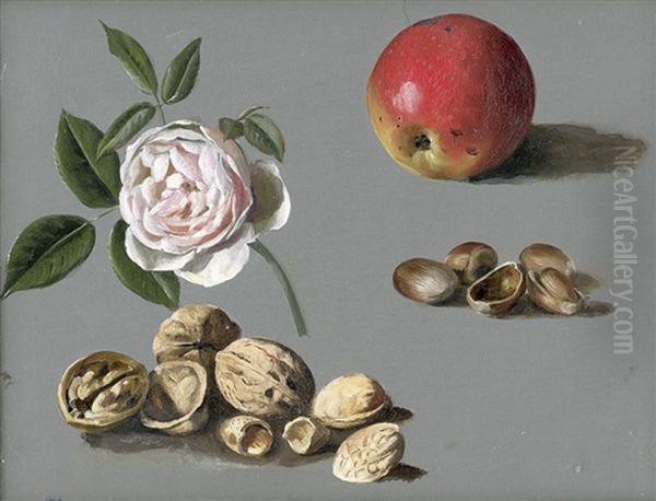 Studie Mit Rose, Rotem Apfel Und Nussen Oil Painting by Emmery Rondahl