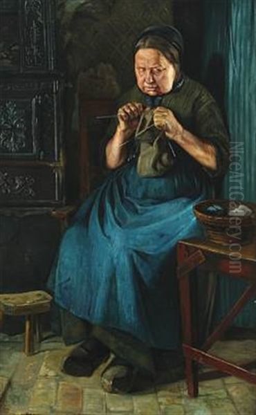 Interior With Old Knitting Woman Oil Painting by Emmery Rondahl