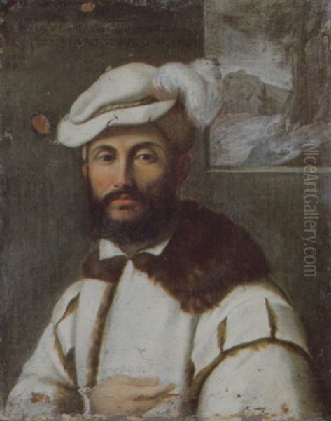 Portrait Of A Bearded Gentleman In A Fur-trimmed White Jacket And A Plumed Hat, Holding A Palm Frond, A Landscape Seen Through A Casement Beyond Oil Painting by Francesco Maria Rondani