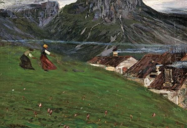 Two Figures On A Hillside Overlooking Village Roofs Oil Painting by Camillo, Millo Bortoluzzi