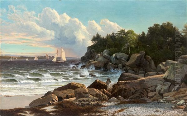 Rocky Shore Scene With Figures And Numerous Boats Oil Painting by Frederick Rondel