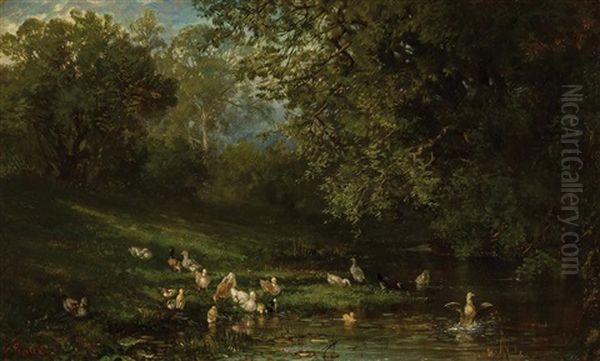 Ducks By A Pond Oil Painting by Frederick Rondel