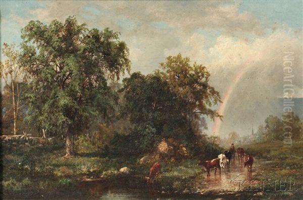 Beyond The Rainbow/a Herder With Cattle Oil Painting by Frederick Rondel