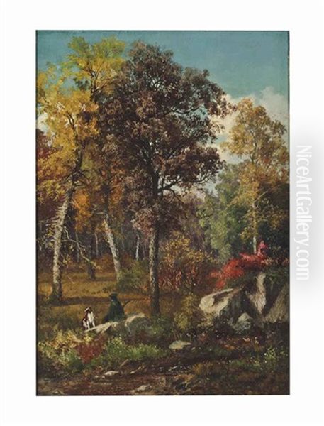 A Hunter And His Dog In A Fall Landscape Oil Painting by Frederick Rondel