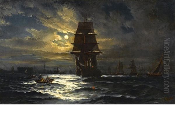 Ships In New York Harbor At Night Oil Painting by Frederick Rondel