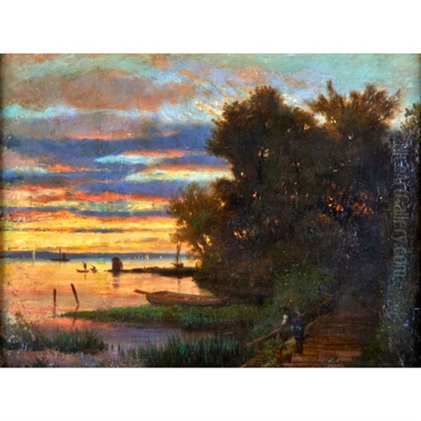 Riverscape At Sunset Oil Painting by Frederick Rondel