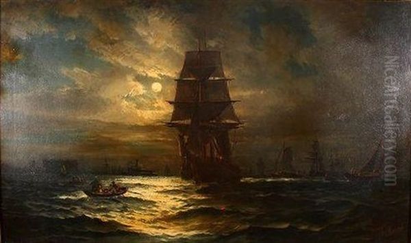 Ships In New York Harbor At Night Oil Painting by Frederick Rondel