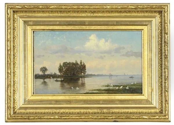 Swans On A River Bank Oil Painting by Frederick Rondel