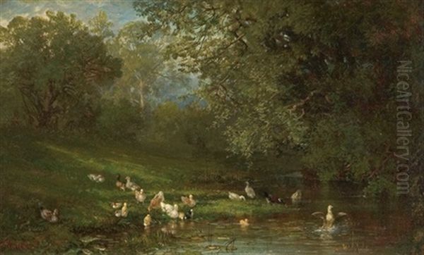 Ducks By A Pond Oil Painting by Frederick Rondel