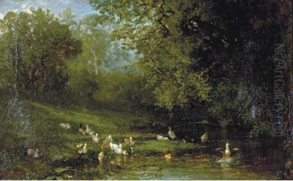 Ducks And Ducklings By A Pond Oil Painting by Frederick Rondel