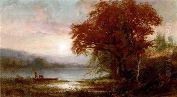 Sunrise Over A Lake With Figures And Boat Onshore by Frederick Rondel