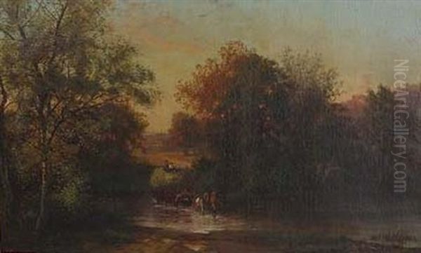 Landscape With Figures Crossing A River, Towing A Hay Cart With Team Of Oxen And A Horse Oil Painting by Frederick Rondel