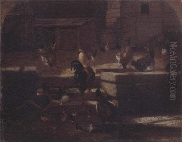 Poultry Feeding In A Yard Oil Painting by Frederick Rondel