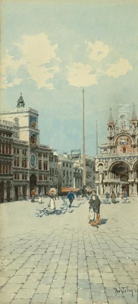 Activities On Piazza St. Marco, Venice Oil Painting by Camillo, Millo Bortoluzzi