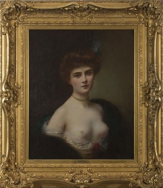 Portrait Of A Woman With Auburn Hair Wearing A Pearl Necklace, Low-cut Gown And Fur Wrap Oil Painting by Henri Rondel