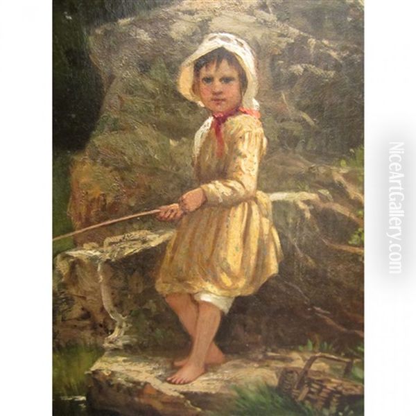 Young Girl Fishing At A Stream Oil Painting by Henri Rondel