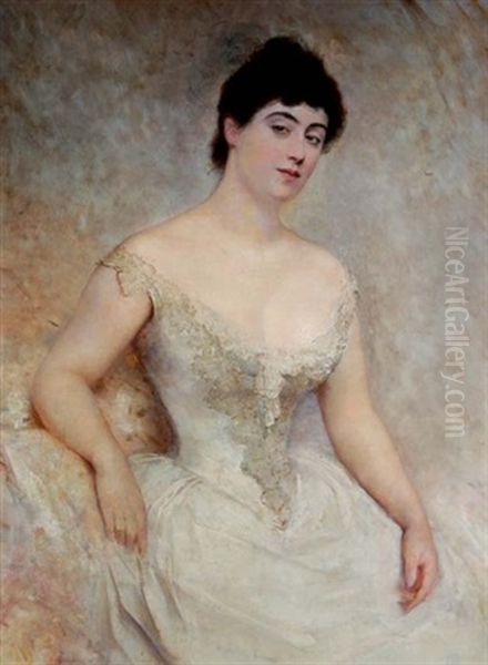 Portrait Of A Young Woman In A White Dress Oil Painting by Henri Rondel