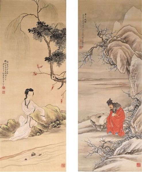 Pair Of Paintings, Rong Zuchun, Qing Dynasty Oil Painting by  Rong Zuchun