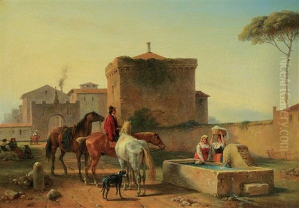 Untitled - At The Watering Trough Oil Painting by Guillaume Frederique Ronmy