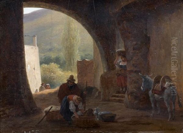 Une Lavandiere Et Un Voyageur Faisant Halte Entre Deux Escaliers Oil Painting by Guillaume Frederique Ronmy