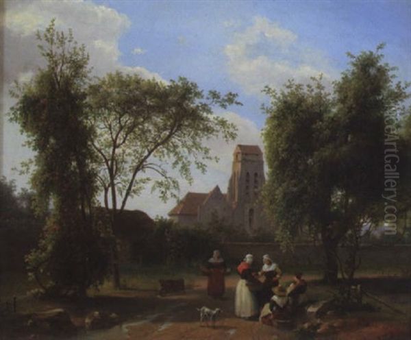 Paysannes En Conversation Devant L'eglise Oil Painting by Guillaume Frederique Ronmy