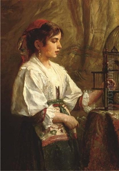 By The Birdcage Oil Painting by Alfred Ronner