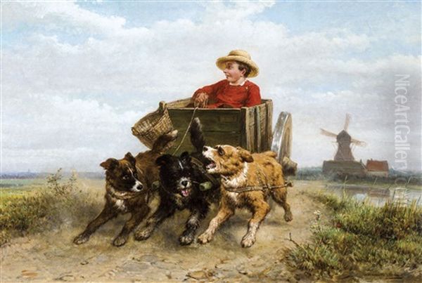 A Boy In His Dog-cart On A Moor Path Oil Painting by Henriette Ronner-Knip