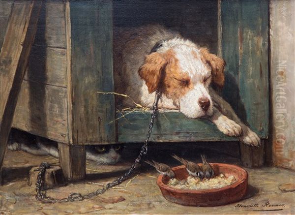 Les Parasites / Kat Bespiedt Vogels Bij Een Slapende Hond Oil Painting by Henriette Ronner-Knip