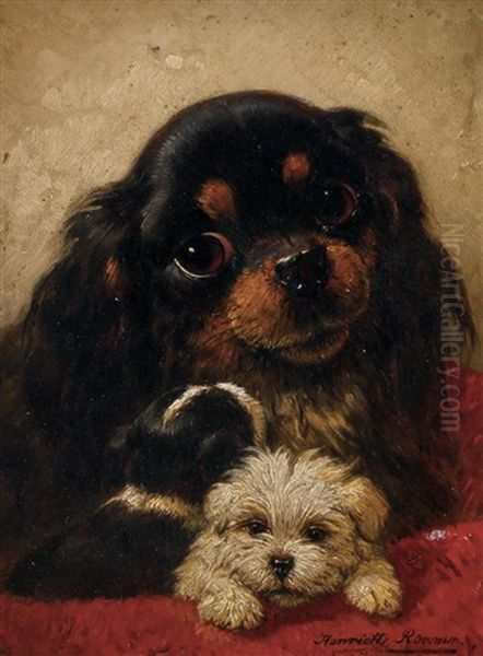 Cavalier King Charles With Her Pups Oil Painting by Henriette Ronner-Knip