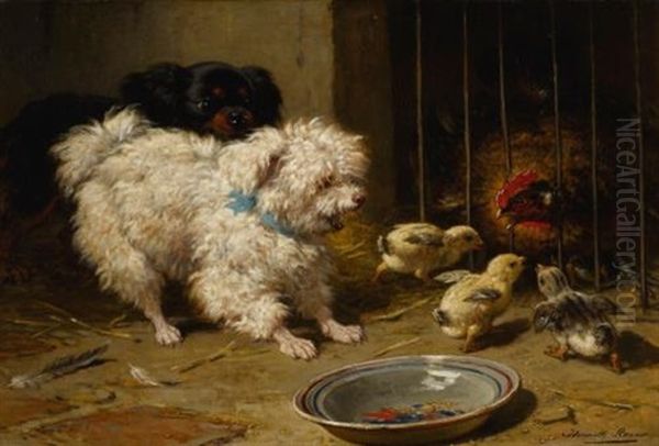 A Bichon Frise And A King Charles Spaniel With A Hen And Her Chicks Oil Painting by Henriette Ronner-Knip