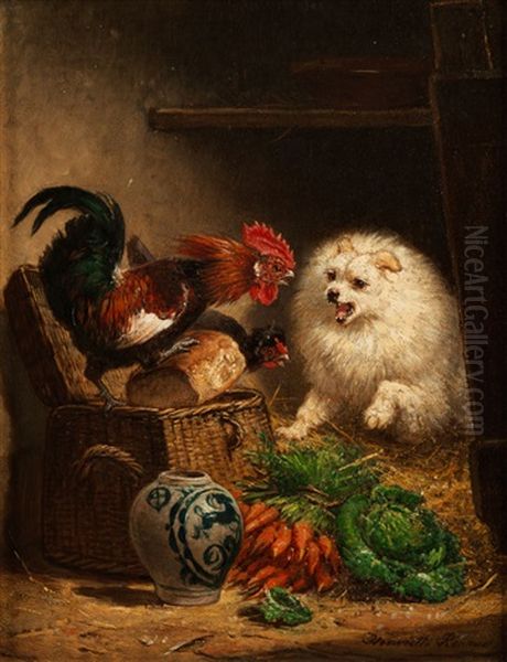 Streit Zwischen Hahnen Und Spitz Oil Painting by Henriette Ronner-Knip