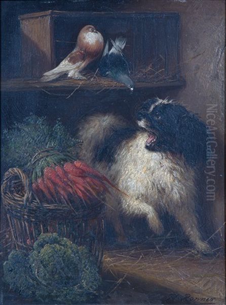 Dog Barking Against Two Doves Oil Painting by Henriette Ronner-Knip