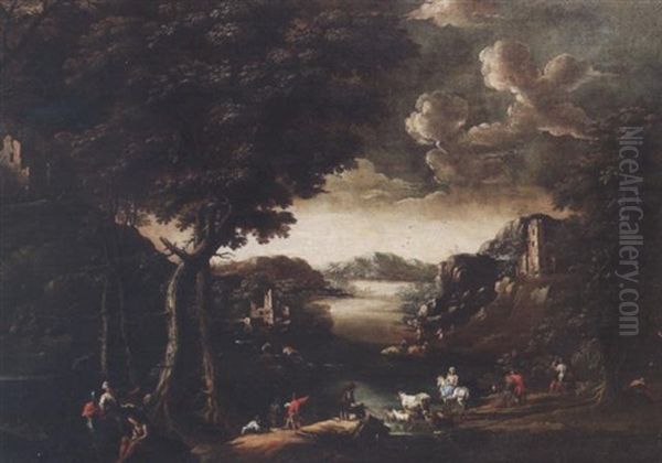 An Extensive River Landscape With Travellers On A Track And Figures Resting By A Pool Oil Painting by Don Giuseppe Ronzelli