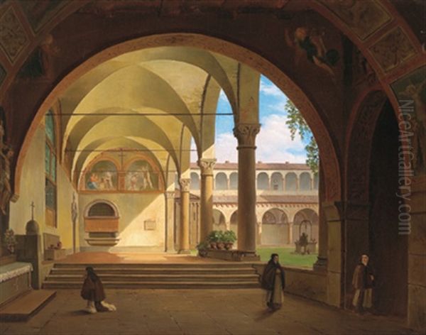 Chiostro Delle Capucine Di Rosate In Bergamo Oil Painting by Pietro Ronzoni