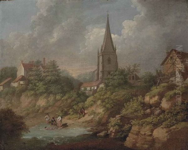 A View Of Monmouth With The Church Of St. Mary's, Bathers In The Foreground Oil Painting by Michel Angelo Rooker