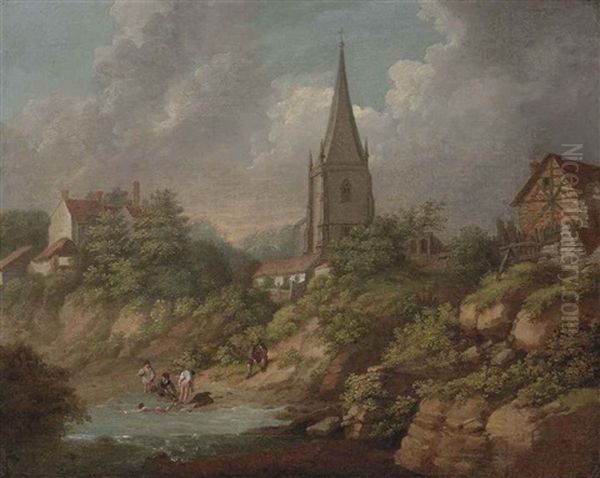 A View Of Monmouth With The Church Of St. Mary's, Bathers In The Foreground Oil Painting by Michel Angelo Rooker