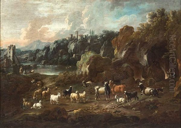 Sudliche Arkadische Landschaft Mit Groser Herde Aus Kuhen, Ziegen Und Schafen Oil Painting by Cajetan Roos