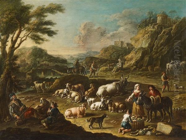 Shepherds And Their Herd In A Mountainous Landscape Shepherds And Their Herd By A River Oil Painting by Cajetan Roos