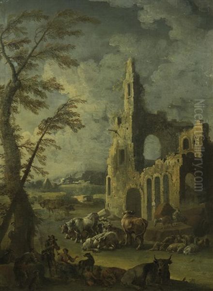 A Cowherd And Shepherdess Resting With Their Livestock Beside Ruins In A Landscape Oil Painting by Cajetan Roos