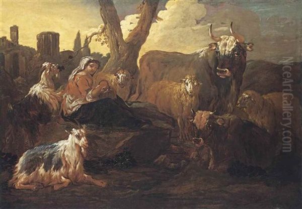 A Drover With Cattle And Sheep In A Landscape Oil Painting by Cajetan Roos