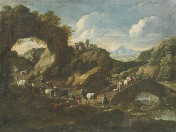 A Rocky River Landscape With A Drover And His Flock On A Country Path And Travellers Crossing A Bridge Oil Painting by Cajetan Roos