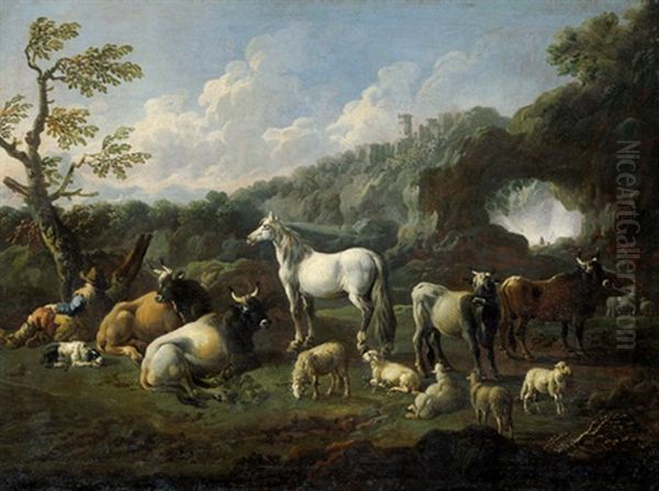 Pastorale Szene Mit Hirtem Und Seiner Tierherde In Italienischer Landschaft An Einem Wasserfall by Cajetan Roos